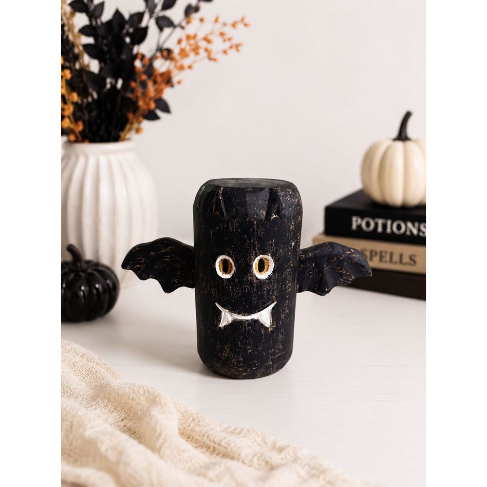 Rustic Wooden Bat Halloween Decor Handcrafted Primitive Folk Art 8" Tall